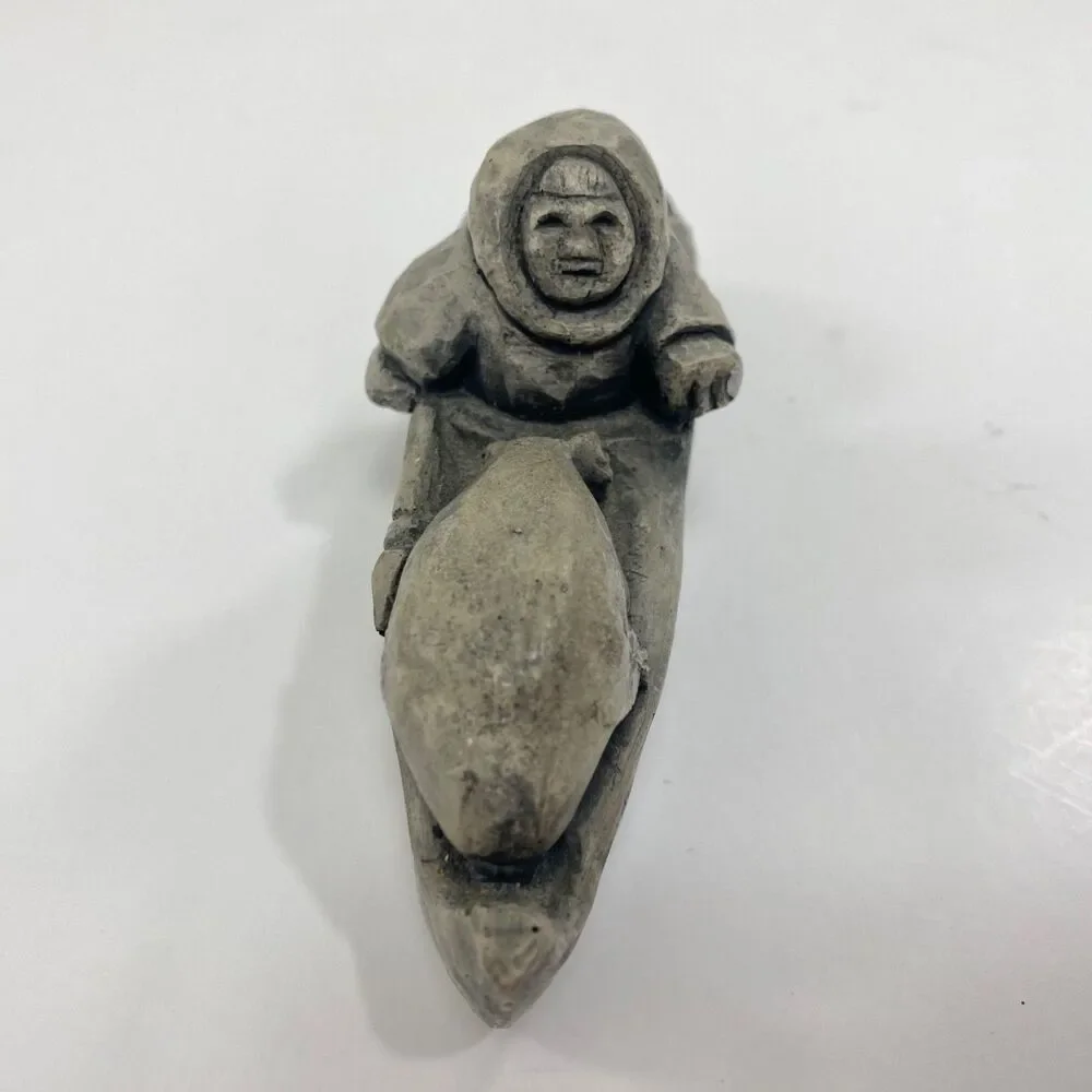 Alaskan Hand Carved Soapstone Inuit Kayak Seal Hunter & Small Wood Sculpture